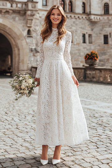 Ivory Lace A-Line Long Sleeves Maxi Wedding Dress